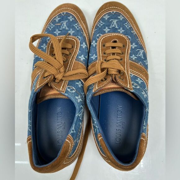 RARE LOUIS VUITTON MONOGRAM BLUE BROWN SNEAKERS SHOES - Picture 10 of 10
